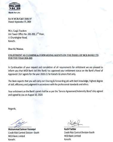 Bank panel letter